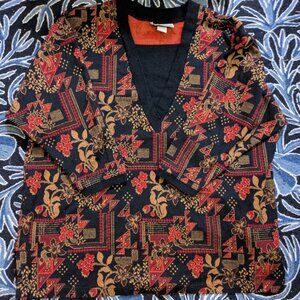 Vintage 1980s Top Notch Women's Black & Red Floral Geometric Sweater 2X Medium